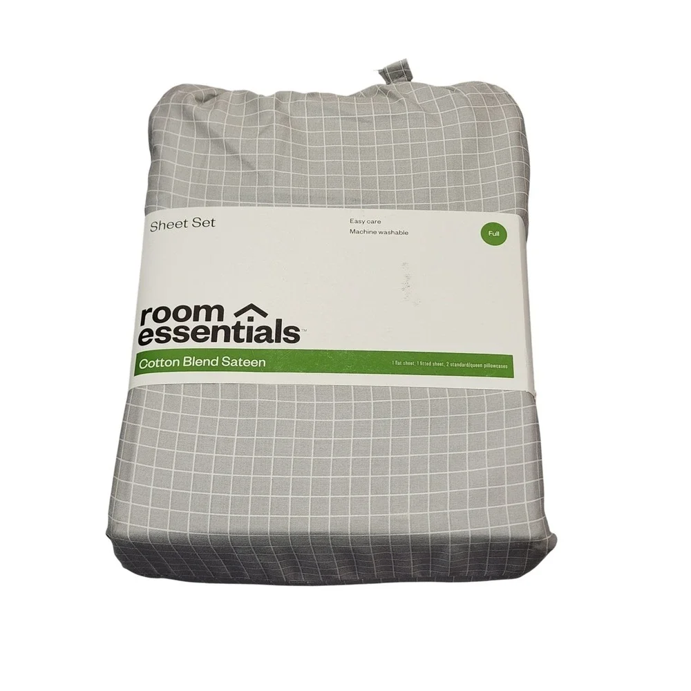 Room Essentials Full Sheet Set Gray White Windowpane Grid Cotton Blend Sateen